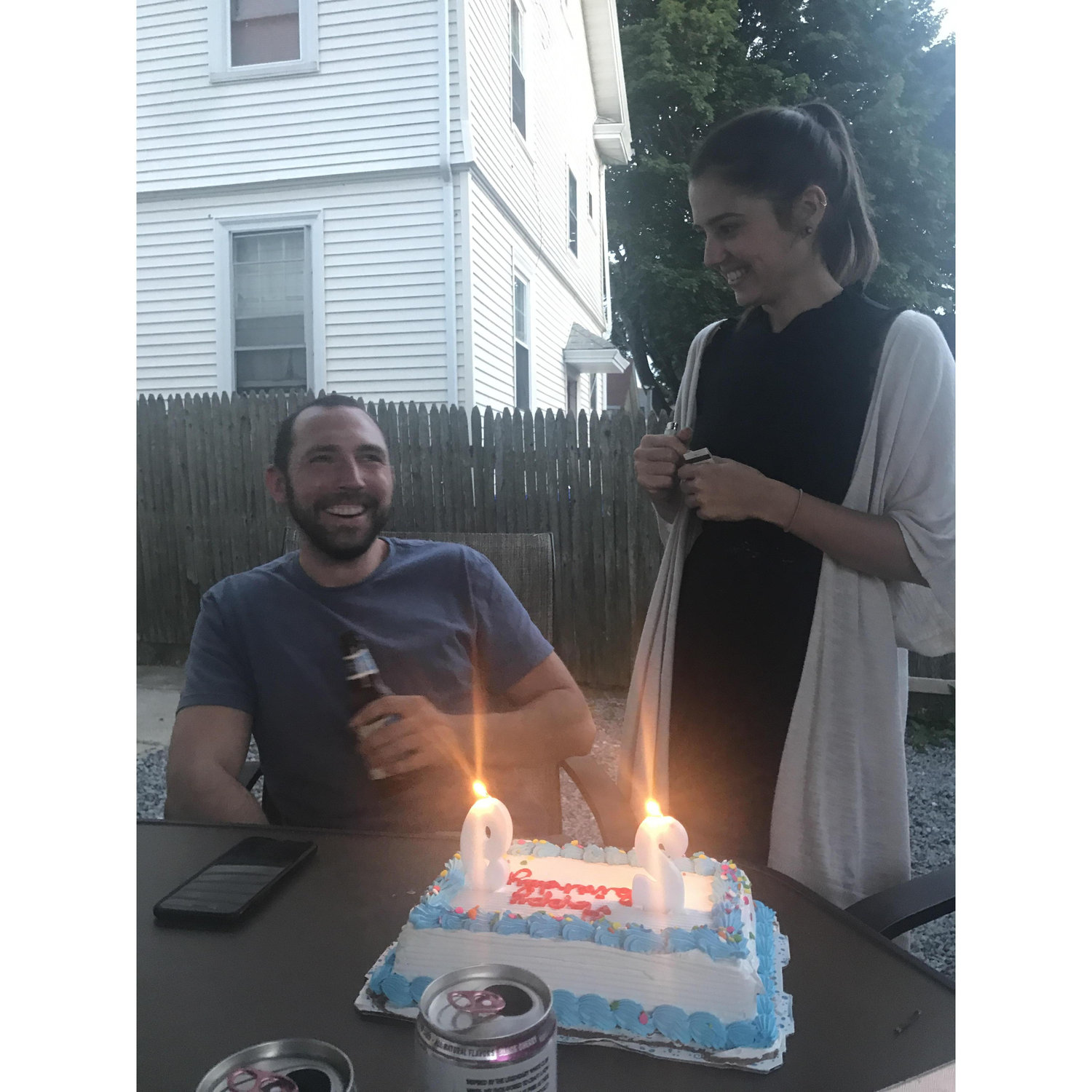 For Mike's 29th birthday, we had friends over in the backyard for cake and pizza!