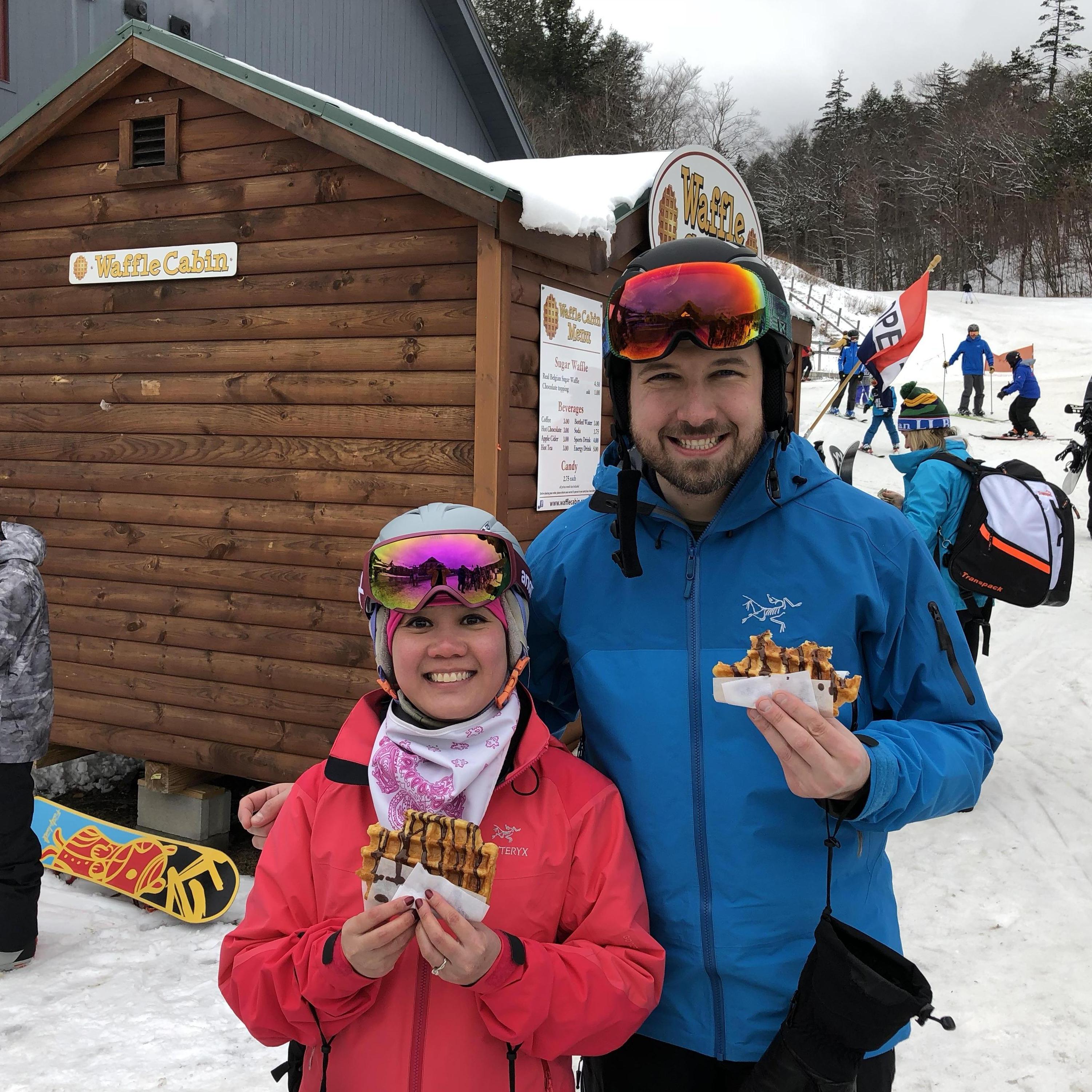 Enjoying waffles at Sugarbush Resort in Vermont in March 2018