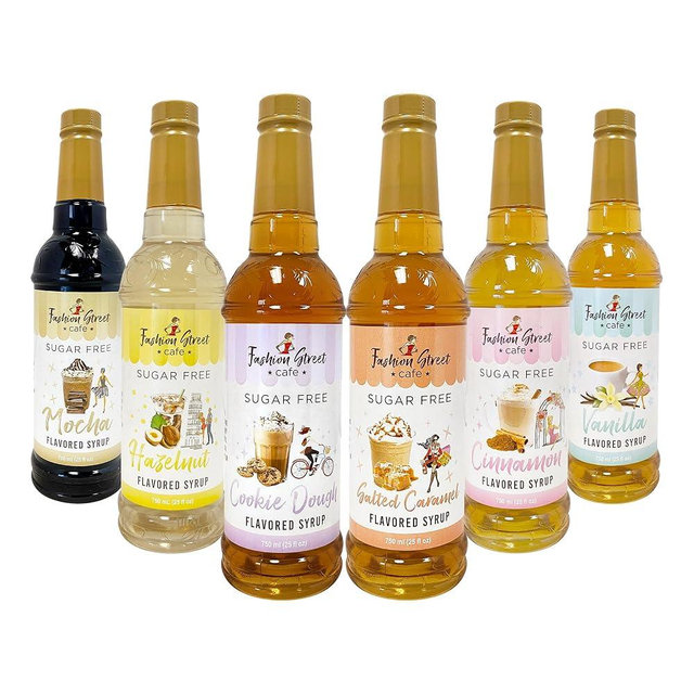 Fashion Street Cafe Sugar Free Coffee Syrup Variety Pack - 6 Zero Sugar Syrup Bottles, 25 fl oz