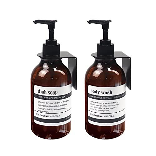 2 Pack Amber Soap Dispenser Refillable Bottle Wall Mounted with Waterproof Labels for Shampoo Conditioner Shower Dish Body Wash Bathroom and Kitchen