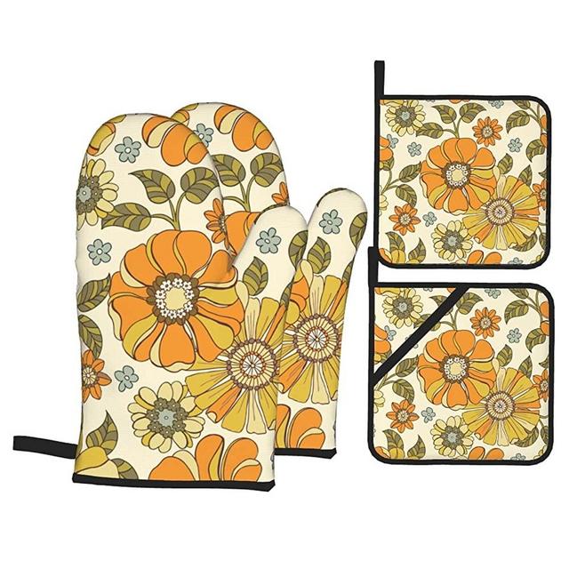 OPZLPO Retro 70s Style Blossom Sunflower 4PCS Oven Mitts and Pot Holders Sets, Kitchen Oven Mitts with Soft Quilted Cotton Lining, Kitchen Utensils Set, for Cooking Baking Grilling BBQ