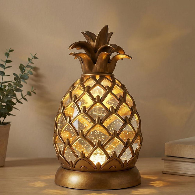 8.3 inch Pineapple Glitter Water Lamp, USB Type-C & 3 AA Battery Operated Gold Pineapple Table Lamp with 6 Hours Timer, Soft Ambient Night Light for Bedroom, Living Room, Bar, Shelf Decor, Gift