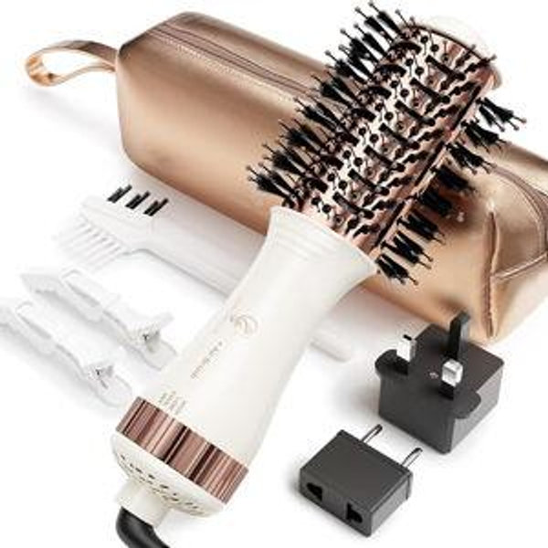 Travel Blow Dryer Brush in one, Dual Voltage 110V-240V Mini Hot Air Brush, Hair Trends Nano Titanium 2 Inch One Step Hair Dryer and Styler Volumizer Oval Shape