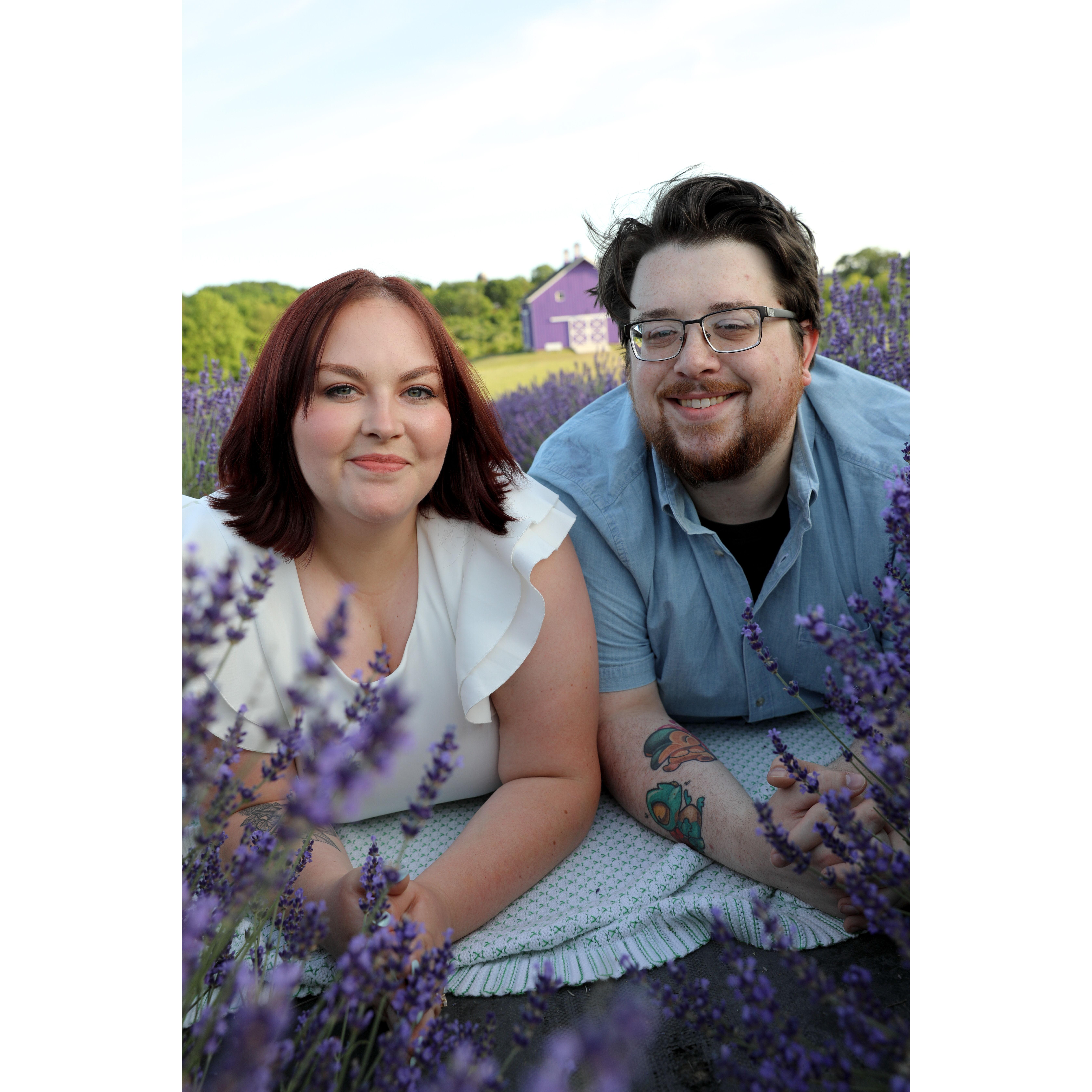 Engagement photoshoot at Sunset Ridge Lavender Farms. Photographer was Bloom Photography, LLC