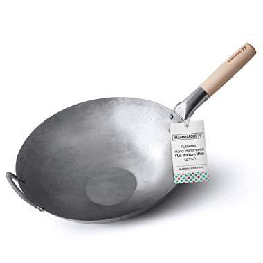 Flat Bottom Wok, Traditional Hand Hammered Wok, 14 Inch Carbon Steel Chinese Pow Wok by Mammafong