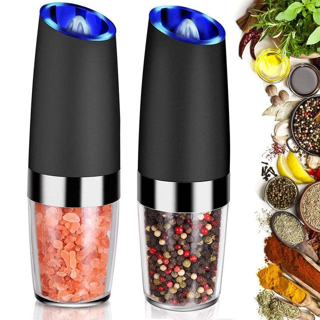 OOTD Gravity Electric Grinder set of 2, Automatic Pepper and Salt Mill Grinder with Blue LED LIGHT, Electric Pepper Mill with Adjustable Coarseness, Refillable, salt and pepper shaker, pepper grinder
