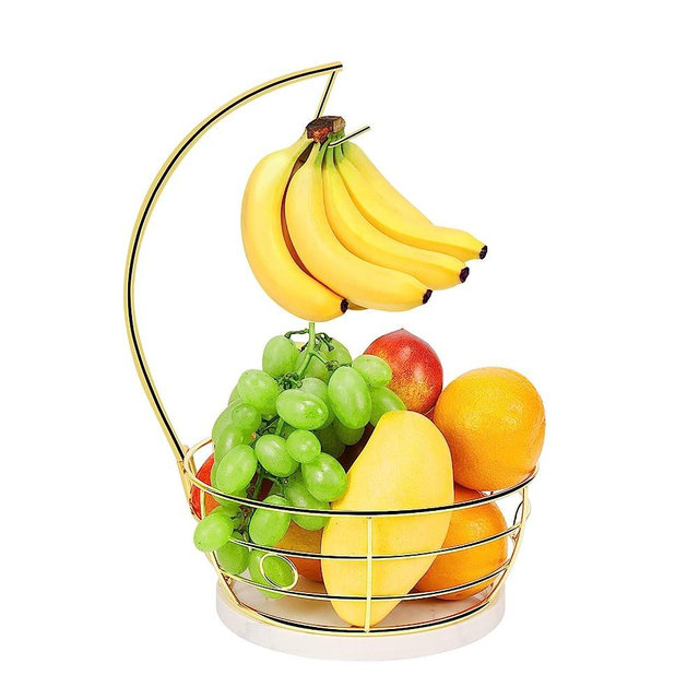 Livabber Countertop Fruit Basket Bowl with Banana Hanger, Modern Standing Fruit Vegetable Bowl Storage with Marble Base, with Banana Tree Holder for Kitchen Dinning Table(Gold)