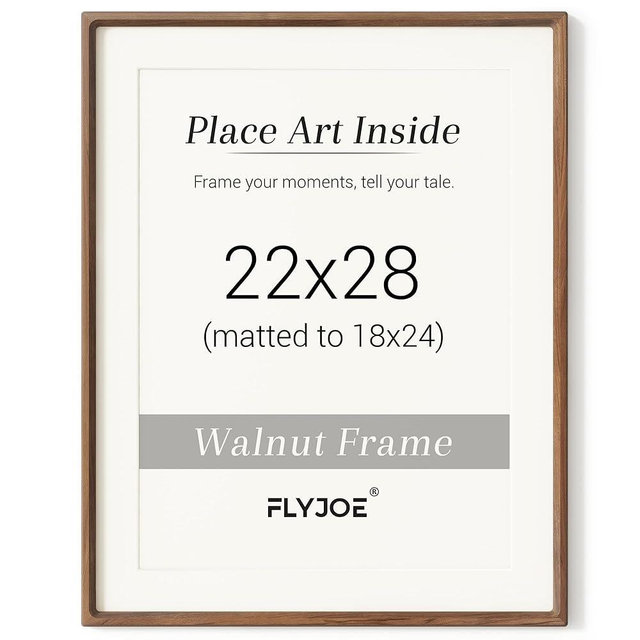 22 x 28 Poster Frame, USA-Sourced Natural Walnut Wood Picture Frame with Tempered Glass, Handcrafted Rounded Corner 22x28 Wooden Frame Matted to 18x24 Photos, Horizontal or Vertical Wall Mounting