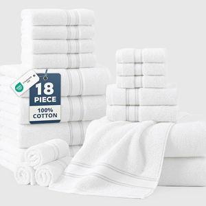 LANE LINEN Towel Set of 18 – Premium 100% Cotton, Zero Twist, 6 Large Bath Towel, 6 Hand Towels & 6 Wash Cloths, Quick Dry & Long-Lasting, Perfect for Family Bathrooms, Easy Care – White Towels