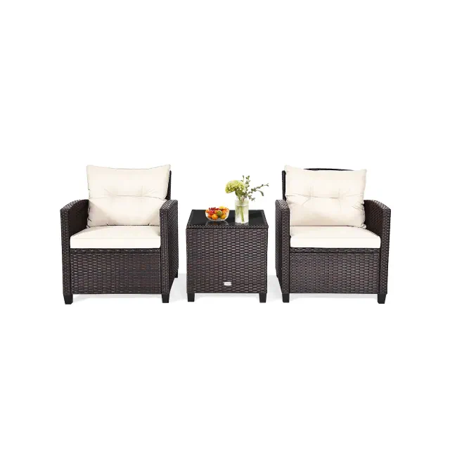 Tangkula 3PCS Wicker Cushioned Conversation Set Outdoor Rattan Furniture w/Off White Cushions