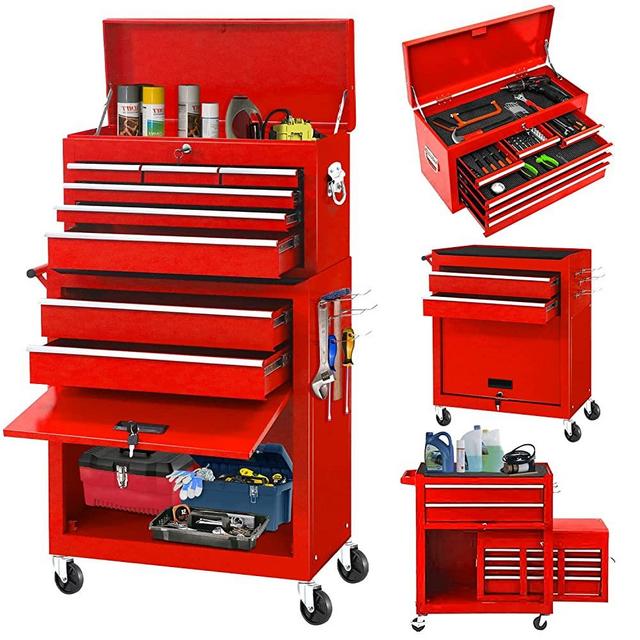 INTERGREAT 8-Drawer Rolling Tool Chest with Wheels,Large Tool Cabinet with Drawers for Mechanics,Mobile Steel Tool Storage Organizer with Lock&Liner for Warehouse,Workshop,Red