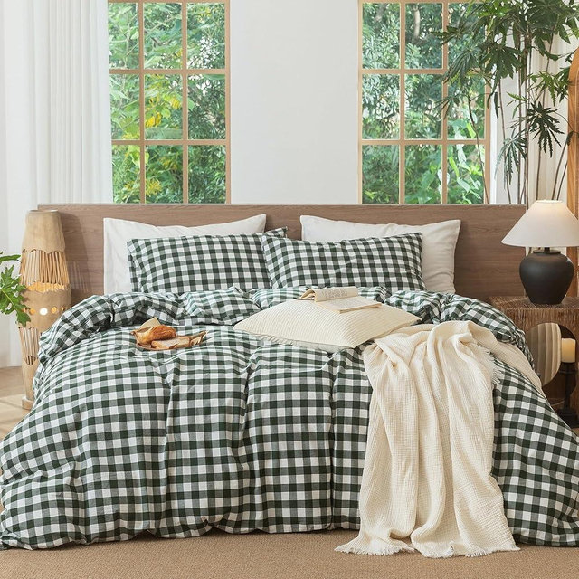 MooMee Gingham Duvet Cover Set 100% Washed Cotton Linen Like Textured Breathable Durable Soft Comfy Modern Checkered Design (Buffalo Plaid Forest Green, Queen 90"x90")