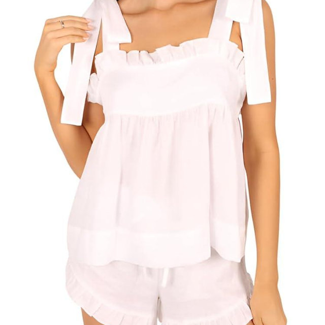 Sotimoon Womens Summer 2 Piece Short Sets Sleeveless Ruffle Trim Top and Shorts Cotton Pajamas Set