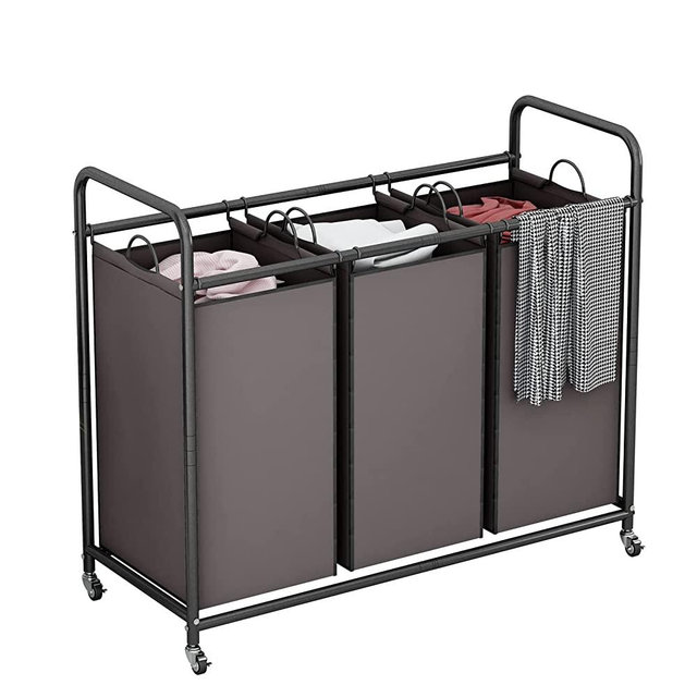 LINZINAR 3-Bag Laundry Sorter,Laundry Hamper Cart with Heavy Duty Rolling Lockable Wheels and Removable Bags (Brown)