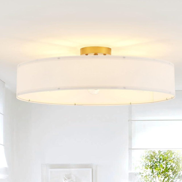 Gold Semi-Flush Mount Ceiling Light Fixture with 24"Large White Fabric Drum Shade 5-Light for Bedroom Dining Room Entryway Round Ceiling Lamps