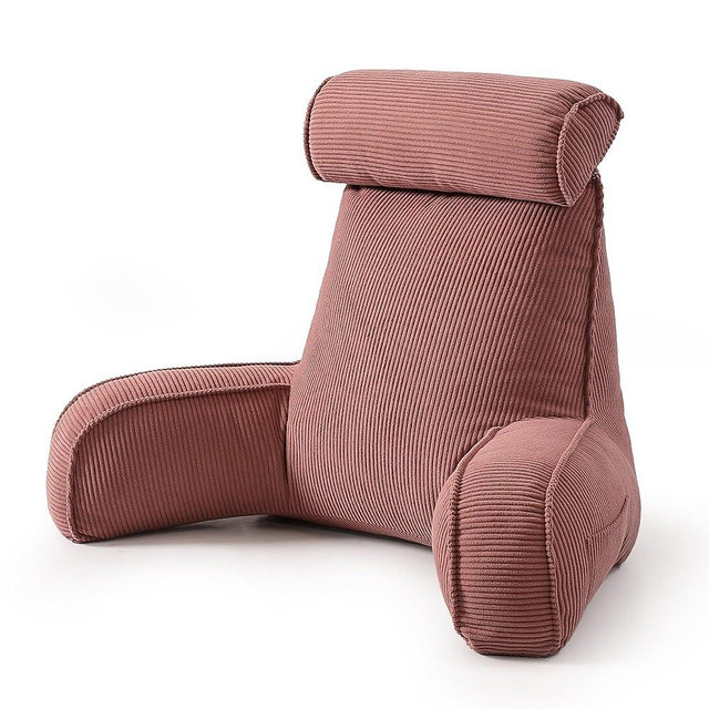 Ailuteie Corduroy Reading Pillow with Arms & Detachable Neck Roll, Bed Rest Back Support, Adult Cushion for Sitting Sofa & Floor, Side Pockets & Washable Cover, Brick Brown