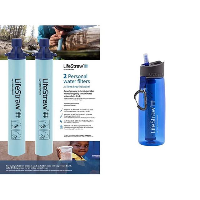 LifeStraw Personal Water Filter for Hiking, Camping, Travel, and Emergency Preparedness, 2 Pack, Blue & Go Water Filter Bottle with 2-Stage Integrated Filter Straw, Blue