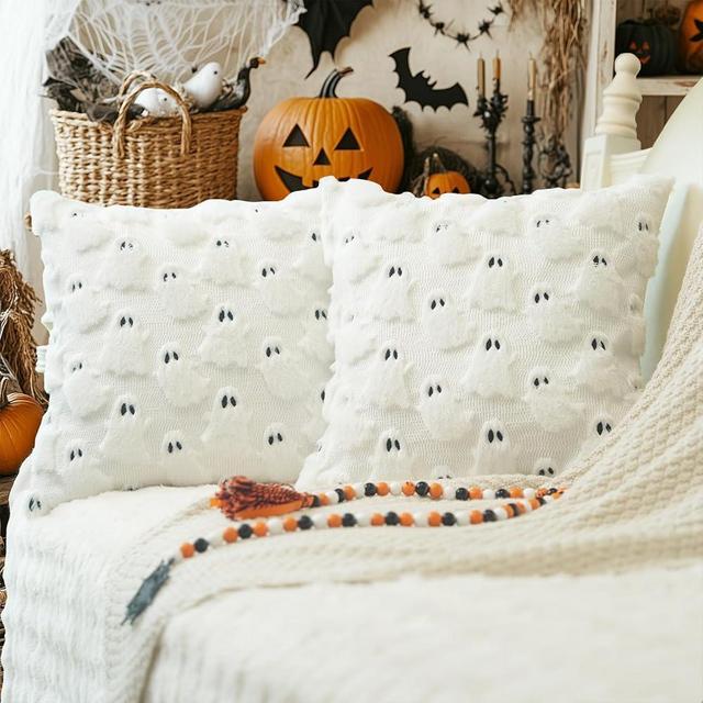 GEEORY Halloween Ghost Soft Plush Pillow Covers, 16 x 16 Inch Set of 2, Fluffy Faux Fur Wool Decorative Farmhouse Cushion Case for Sofa Home Decoration White GC026-16
