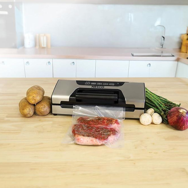 Nesco FreshLock Pro VS-15 Stainless Steel Vacuum Sealer, moist and dry seal, roll storage, 120 watts, with bags and rolls, simple and easy to use