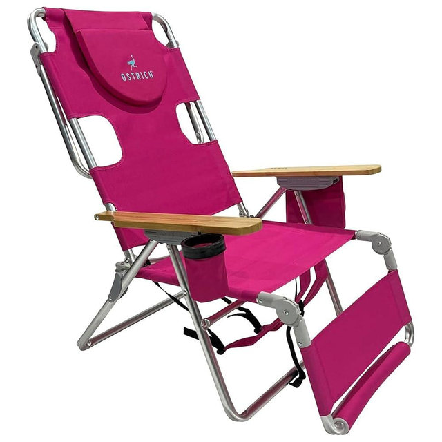 Ostrich Woody 3N1 Beach Chair with Cooler Bag - Face Opening - Portable, Reclining Lounger for Tanning - Face Hole for Reading on Stomach - Adjustable Footrest, Carry Straps - Aluminum (Pink)