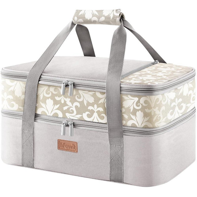 Lifewit Double Decker Casserole Carrier for Hot or Cold Food, Insulated Casserole Baking Dish Bag Food Carrier, Lasagna Holder for Potluck/Parties/Picnic/Cookouts, Fits 9"x13" Baking Dish, Grey