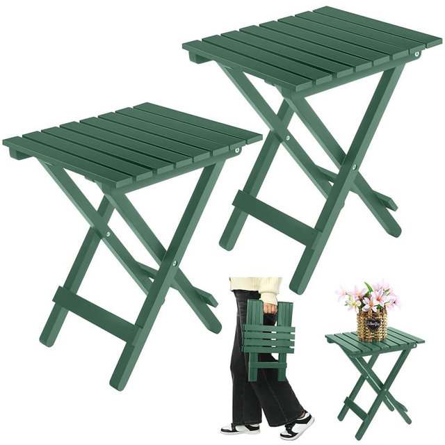 DoubleFill 2 Pcs Small Folding Patio Side Table Outdoor Wood Wooden Small End Portable Plant Little Table for Garden Yard Porch Living Room Space Pool 11.4x11x14 inch (Blackish Green)