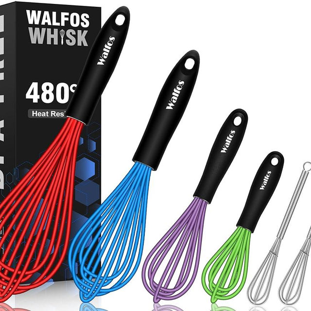 Walfos Silicone Whisks, Stainless Steel Wire Kitchen Whisk, Heat Resistant up to 480, Non Scratch, Multicolor 5+7+9+11in & 5+7in Mini, Great for Home Baking