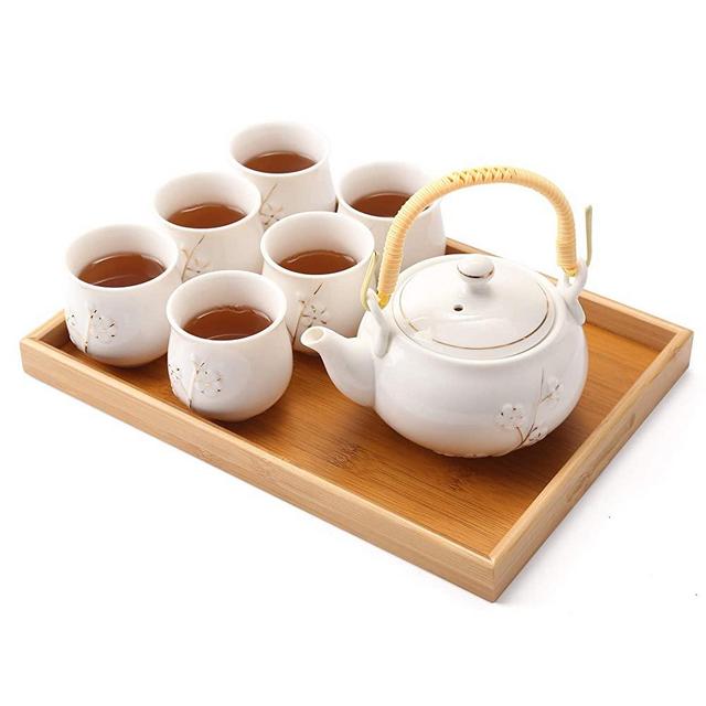 Dujust Japanese Tea Set, White Porcelain Tea Set with 1 Teapot Set, 6 Tea Cups, 1 Tea Tray, 1 Stainless Infuser, Cute Asian Tea Set for Tea Lover/Women/Men (Plum in Golden)