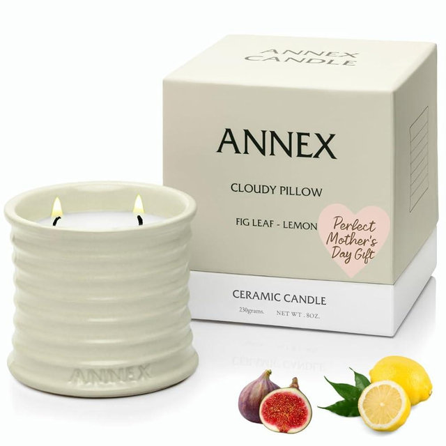 Scented Luxury Candles in Handmade Ceramic Jars, Soy Wax, Mothers Day Gift, Cloudy Pillow - Fig Leaf & Lemon, Large Candle, Non Toxic, 2 Wicks, Reusable Big Beige Jar, Natural Aromatherapy