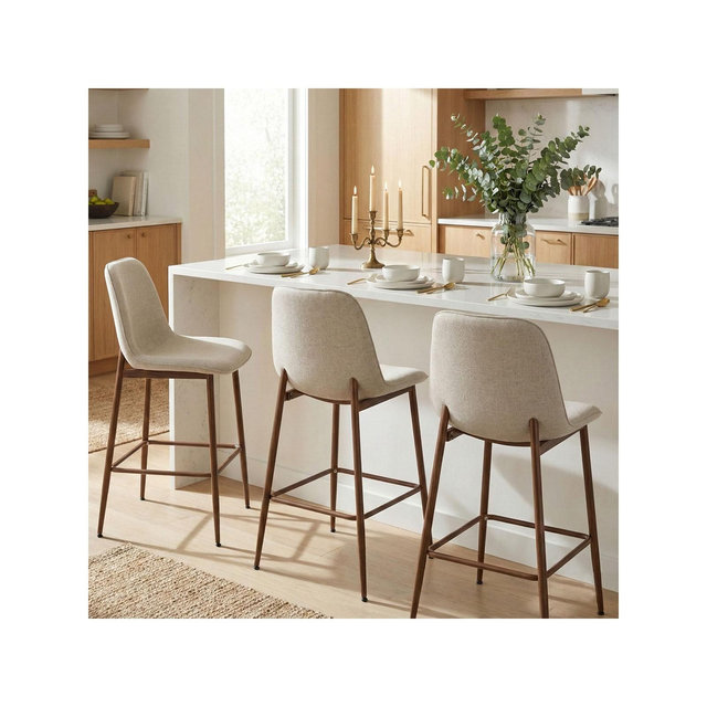 Set of 3 Counter Height Bar Stools, 25.5" Beige Upholstered Kitchen Island Stools with Metal Legs, Curved Back Bar Chairs for Dining Room-Panipeachy