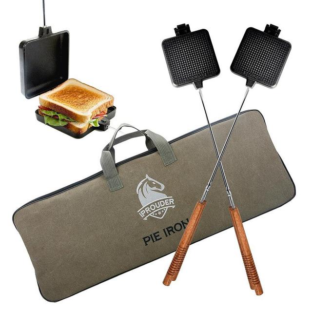 IPROUDER Campfire Pie Iron 4.9" Large Cast Iron Sandwich Maker for Camping 2 Pcs with Storage Bag - 22.6 inch Thickened Handles - Campfire Cooking Equipment for Grilling & Outdoor Cooking