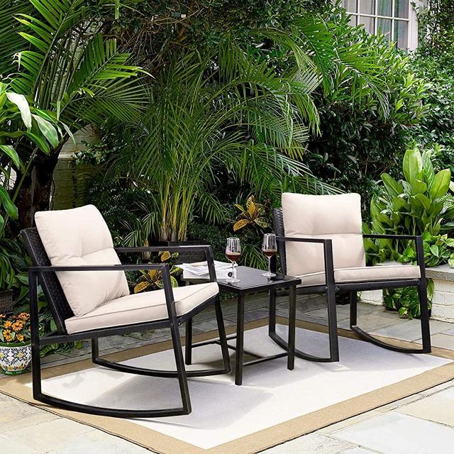 Greesum GS-3RRCSBG 3 Pieces Patio Furniture Set, Glass Coffee Table, Beige
