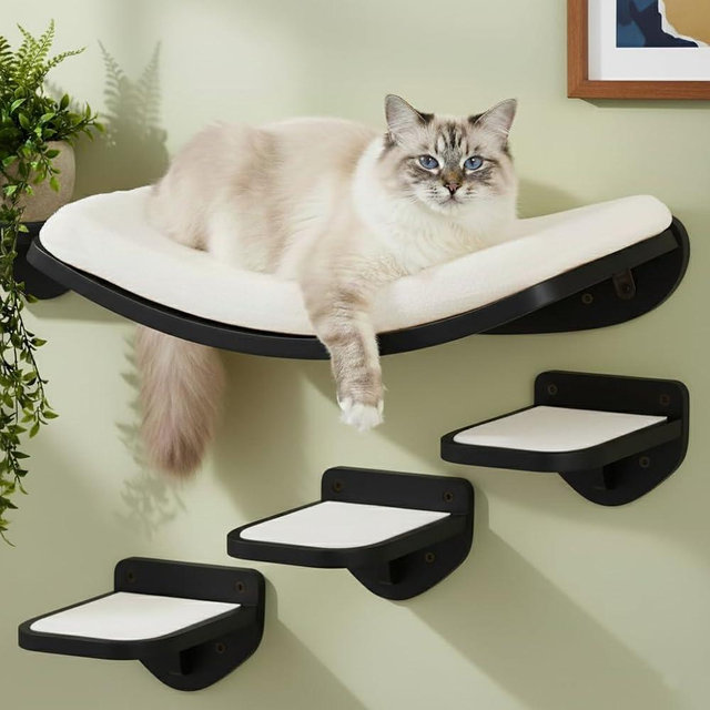 LAMOOSHIK Cat Wall Shelves, Black Finish – Floating Cat Furniture with Curved Bed & Steps | Modern Minimalist Wood Climbing Shelves Set of 4 for Indoor Cats, Sturdy Wall-Mounted Design