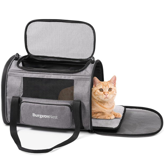 BurgeonNest Cat Carriers for Small Cats Under 15, Medium Puppy Under 25 lbs Large Pet 20 lbs Soft Sided Pet Carrier with Unique Side Bag (Medium, Grey)