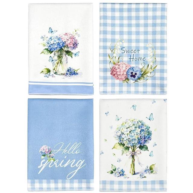 Yozhiron 4 Pack Hydrangea Kitchen Towels 18x26 Inches - Blue Buffalo Check with Floral Bouquet and Butterfly Design, Spring Dish Towels for Farmhouse Decor