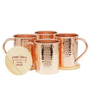 Advanced Mixology Moscow Mule Copper Mugs - 100% Pure Copper, 16 Ounce Set of 4 with 4 Artisan Hand Crafted Wooden Coasters