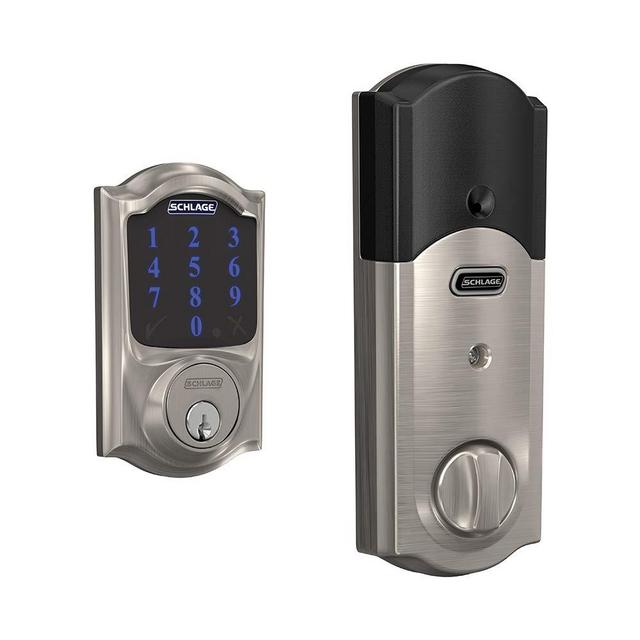 Schlage BE469ZP CAM 619 Connect Smart Deadbolt with Alarm with Camelot Trim in Satin Nickel, Z-Wave Plus Enabled