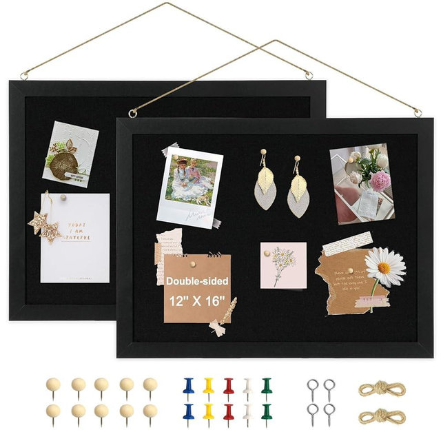 AMUSIGHT 2-Pack Double-sided Black Cork Board with Linen, 16" x 12" Hanging Wood Framed Small Bulletin Board, Picture Display Vision Board Kit Corkboards for Wall Room School Office Decor, 20 Pushpins