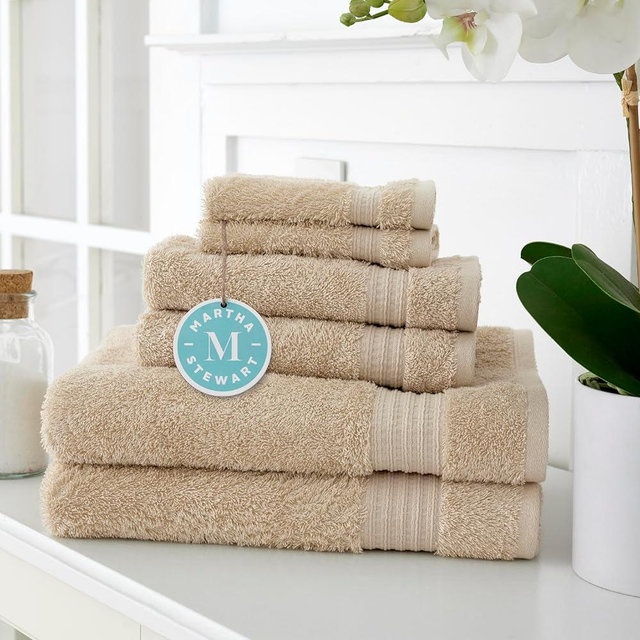MARTHA STEWART Egyptian Cotton Bath Towels Set - 6 Piece, 2 Bath Towels - 2 Hand Towels - 2 Washcloths, Absorbent Bathroom Towels, Bathroom Essentials, Oyster