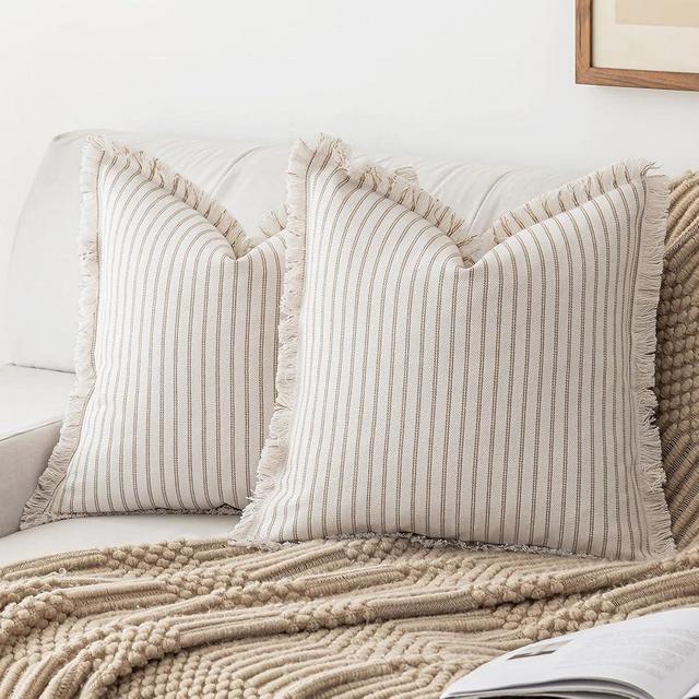 YEENAASY Striped Farmhouse Throw Pillow Covers 20X20 Set of 2 Boho Pillow Cover with Fringe Tassel Chic Cotton Decorative Pillows Modern Neutral Square Cushion Pillowcase for Sofa Couch Bed, Khaki