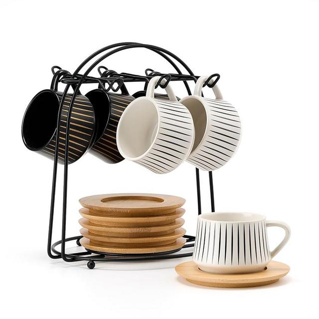 LUKA Ceramic Coffee Espresso Cups with Saucers Set with Metal Holder, 4 oz Porcelain Demitasse Cups For Espresso, Latte, Coffee, Cafe Mocha, Tea, Set of 6, Stripe White & Black
