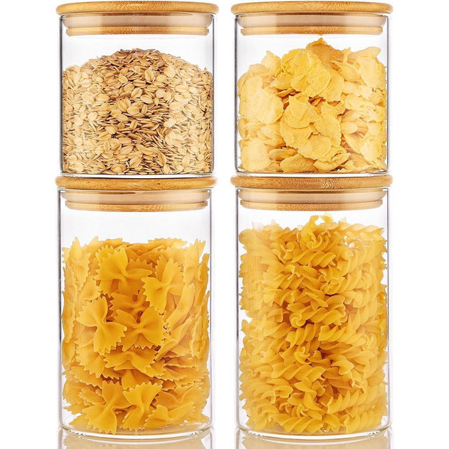 32oz & 21oz - 4 Pack Glass Jars with Bamboo Lids, Glass Pantry Storage Containers with Airtight Lids, Round Air Tigh Food Storage Canisters for Cereal, Pasta, Flour, Sugar, Best for Kitchen Organizer