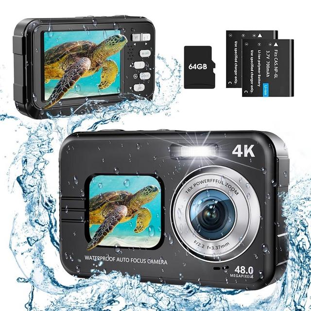 Underwater Camera, UHD 4K 48MP Autofocus Waterproof Camera with 16X Zoom Selfie Dual Screens,11FT Compact Waterproof Digital Camera with 64GB Card,Fill Light Underwater Camera for Snorkeling(Black)