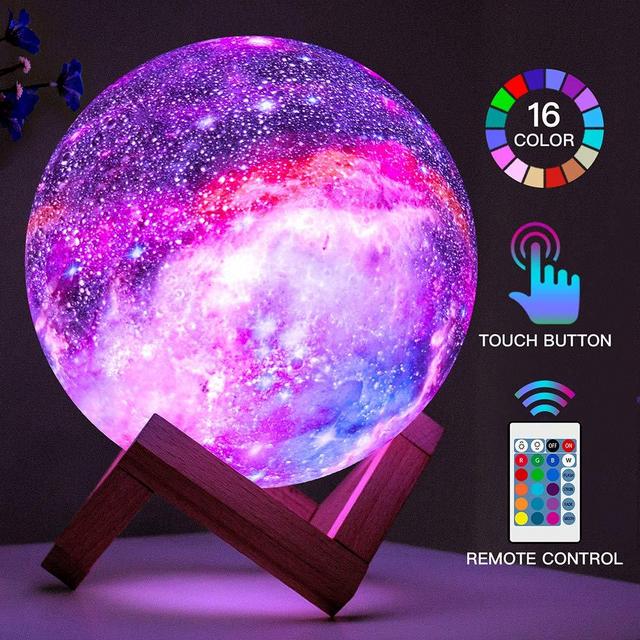 BRIGHTWORLD Moon Lamp Kids Night Light Galaxy Lamp 5.9 inch 16 Colors LED 3D Star Moon Light with Wood Stand, Remote & Touch Control USB Rechargeable Gift for Baby Girls Boys Birthday