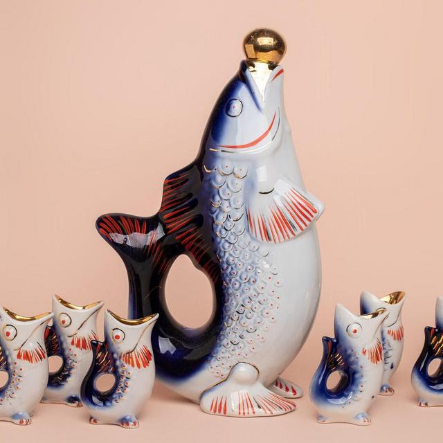 Fish Decanter Drinking Set Porcelain fish Carafe Vodka Shot Glasses gift for him couple Man's gift Liqueur Blue Vintage barware