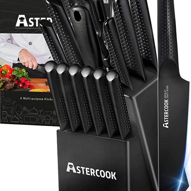 Knife Set,15 Pieces Chef Knife Set with Block for Kitchen,German Stainless Steel Knife Block Set,Dishwasher Safe,Elegant Black