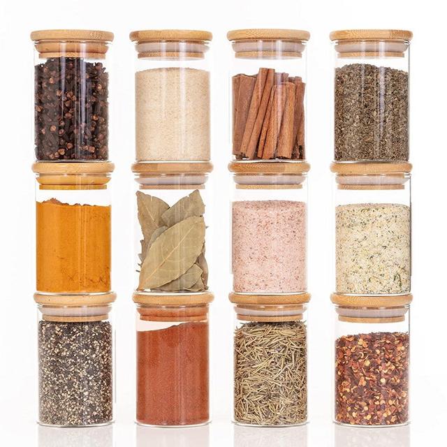 Bloomondo Empty Spice Jars with Label Pack (12x Bamboo Lid Glass Jar). Small 6oz Spice Storage Bottles with 112 Printed Spice Labels Stickers and 48 Writable Pantry Labels for Seasoning Containers