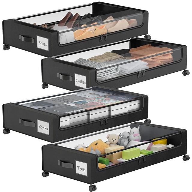 YAASHEEN Under Bed Storage with Wheels, 4-Pack Under Bed Storage Containers, XXL 60L Under the bed storage Organizer with Clear Lids - Rolling Drawers & Bins for Clothes,Shoes,Toys,(Black)