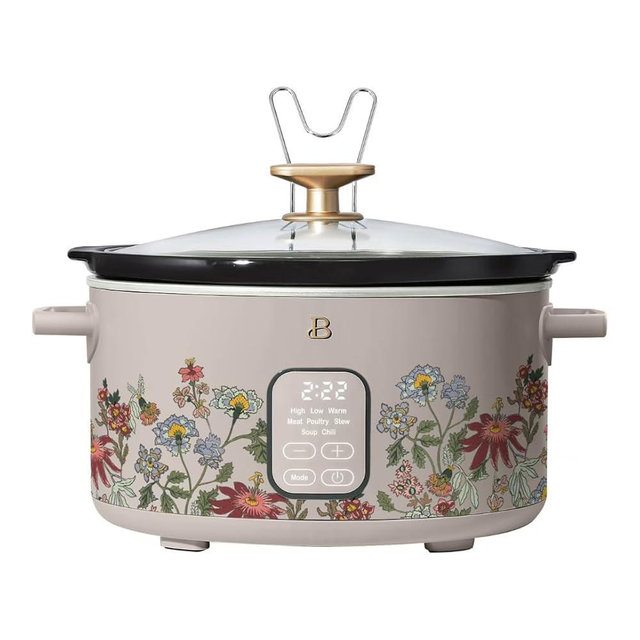 Beautiful 6 Qt Programmable Slow Cooker with Digital Timer, 5 Cooking Functions, Removable Ceramic Pot and Tempered Glass Lid, Dishwasher Safe, by Drew Barrymore (Wildflower Porcini Taupe)