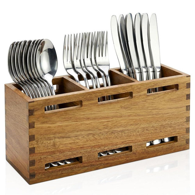 Farmhouse Wooden Silverware Utensil Caddy Cutlery Holder Small Acacia Wood Utensil Holders Organizer for Kitchen Count Party Fork Spoon Storage Organizer Table Silverware Holder Flatware Caddy Basket